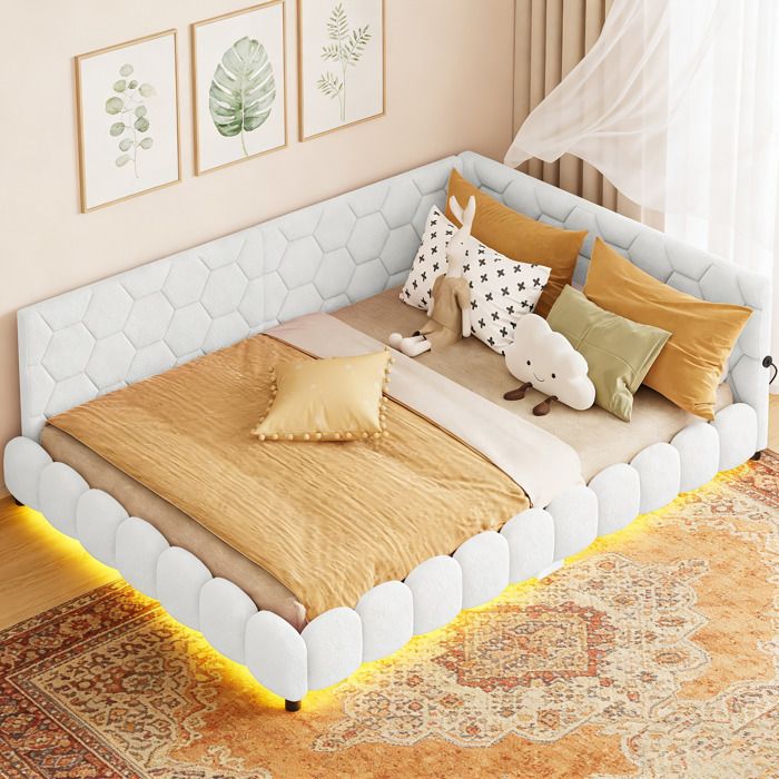 Lit gigogne 140x200 avec LED - USB/Type-C - Tissu laine d’agneau - Canapé-lit 2 places - Scandinave Moderne - Adulte/Enfant- Blanc