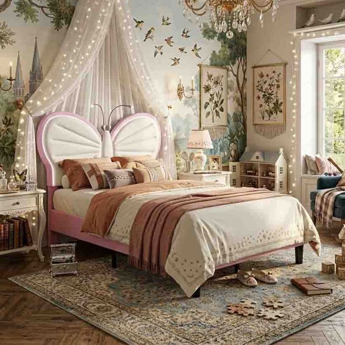 Lit Papillon 90x190cm - Lampes LED Lecture - Hauteur Ajustable - Doux Velours - Blanc et Rose