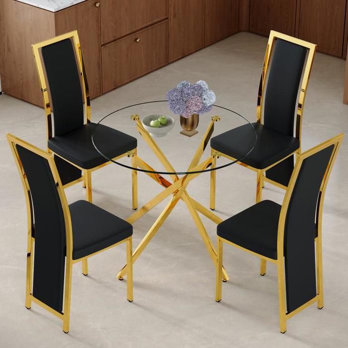 Table à manger avec 4 chaises noires en PU à bordure dorée Ensemble table et chaises ronde en verre trempé de 88 cm de diamètre
