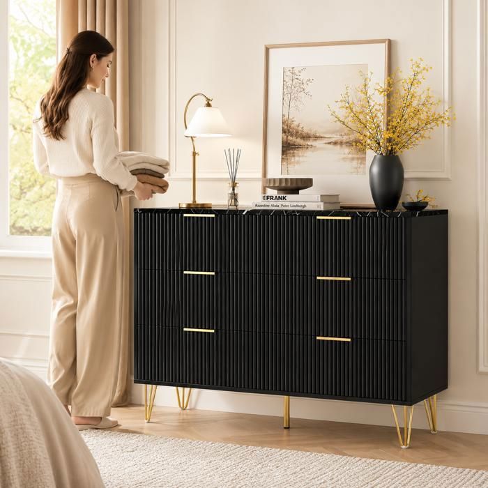 Commode à 6 tiroirs Commode Étroite Grand Espace de Rangement Pieds Métal Motif Bois 100x34x75cm Noir Pour Salon Chambre
