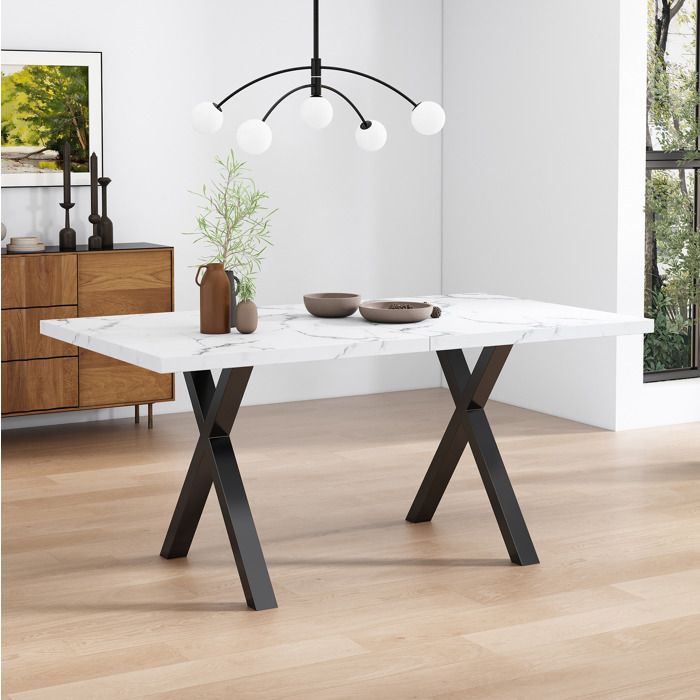 Table à manger rectangulaire à pieds croisés - TCQPZ - effet marbre blanc noir en MDF et métal 140 × 80 × 76 cm