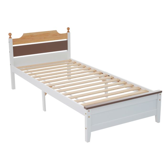 VLIVRA Lit Simple 90 × 200 cm 1 Place - Tête et Pied de Lit Contrastés Pieds Décoratifs - sans Matelas - en Bois et MDF - Blanc
