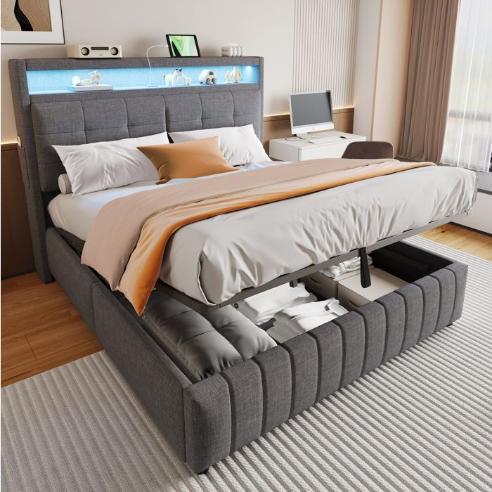 Lit coffre rembourré LED et USB avec tête de lit à étagère - ELVMI - sommier à lattes lin gris 160 × 200 cm