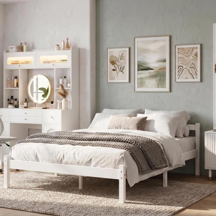 Lit double - FURNITURER - Firenze DB White A - Cadre pin massif blanc - Sommier à lattes - 198x146 cm Lit double - FURNITURER - Firenze DB White A - Cadre pin massif blanc - Sommier à lattes - 198x146 cm