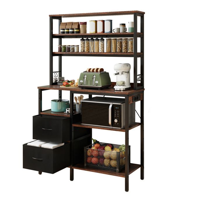 Meuble de Cuisine YITAHOME Prises & USB Tiroirs Crochets Étagère Micro-ondes 100x40x168 cm Marron Vintage & Noir