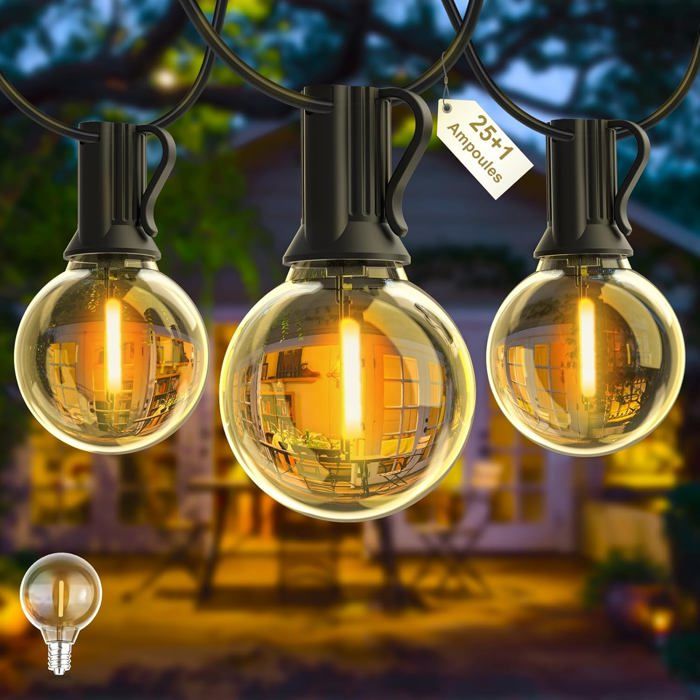 Guirlande Guinguette LED 15M Guirlande LED Exterieur avec 25 +1 G40 Ampoules IP45 Imperméable Extérieur Intérieur Guirlande-Blanc