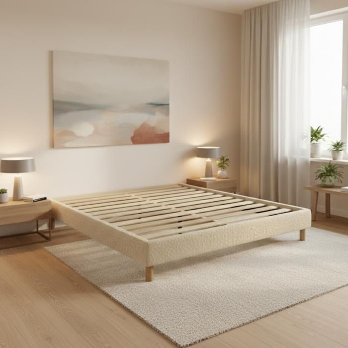 Sommier à lattes - SAMPUR - Déco - 160x200 cm - Contour tissu bouclette sable - Lattes peuplier multiplis Sommier à lattes - SAMPUR - Déco - 160x200 cm - Contour tissu bouclette sable - Lattes peuplier multiplis