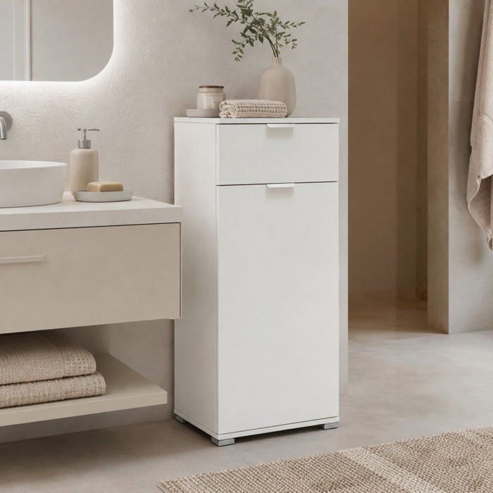 Meuble bas - THE WHITE STONE - Modèle 45×38×103 cm - 1 porte 1 tiroir - Blanc mat - Livré monté Meuble bas - THE WHITE STONE - Modèle 45×38×103 cm - 1 porte 1 tiroir - Blanc mat - Livré monté