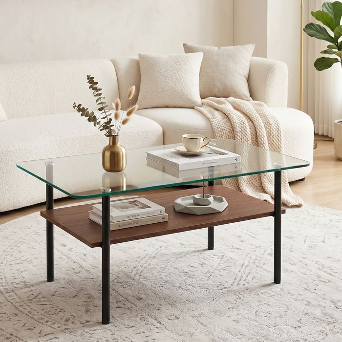 Table Basse Verre Trempé 2 Niveaux-Table Basse Rectangulaire - 97.7 x 57.7 x 45 cm-aspect noir/bois