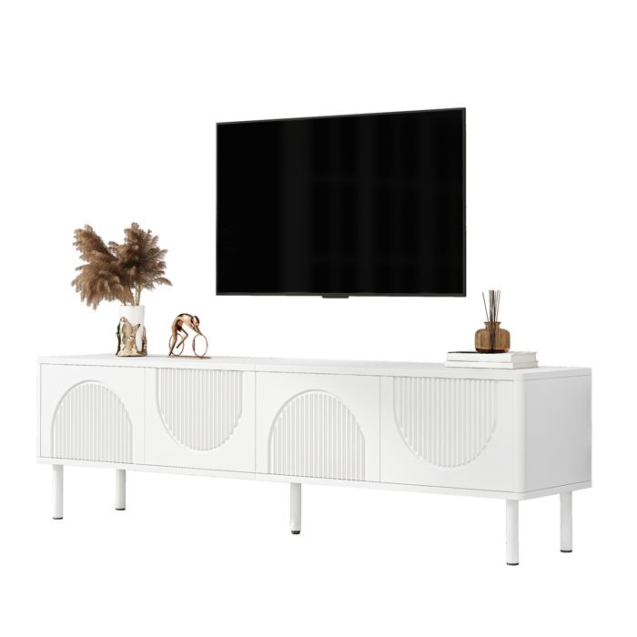 Modenuit meuble TV 180 x 40 x 52 cm blanc mat 4 portes relief 3D rangement et gestion des câbles