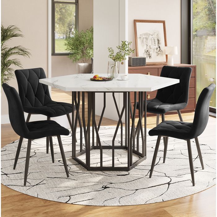 COVREO Ensemble table et chaises 5 pièces table à manger hexagonale aspect marbre blanc 4 chaises en velours noir