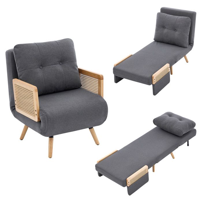 Fauteuil lit convertible 3-en-1 1 place dossier réglable 5 positions tissu gris et accoudoirs effet rotin