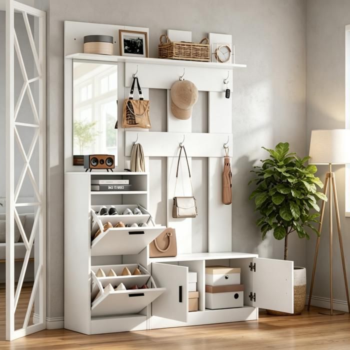 Vestiaire dentrée multifonction blanc porte-manteau miroir meuble à chaussures pour couloir 120x30x180 cm Vestiaire dentrée multifonction blanc porte-manteau miroir meuble à chaussures pour couloir 120x30x180 cm