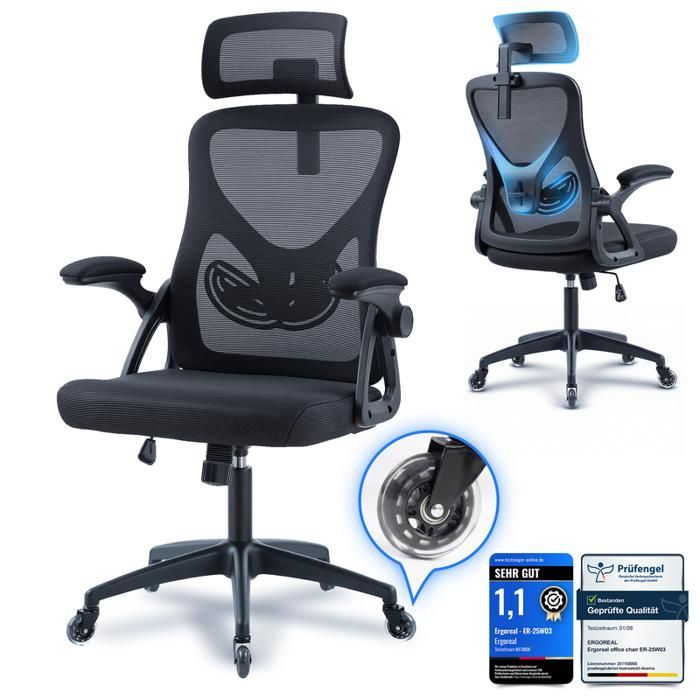 Fauteuil de bureau ergonomique noir appui-tête 2D bras relevables dossier réglable 90°-110° assise en maille respirante