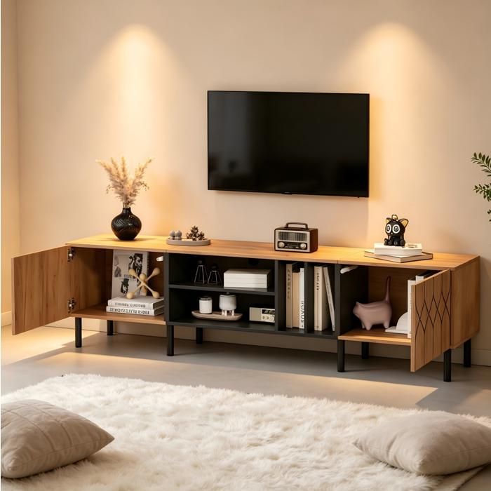 Meuble TV 180cm Bois Naturel Et Noir Lowboard Moderne FloraGrace Pour Salon 2 Portes Et 4 Niches 180x40x50cm