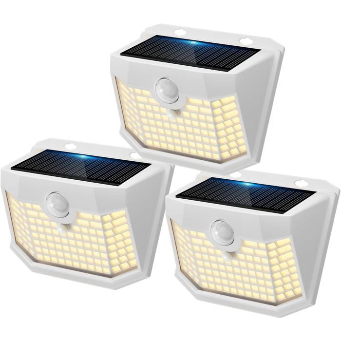 Lot de 3 appliques murales solaires LED extérieur détecteur mouvement 130° IP65 lumière blanche froide boîtier ABS blanc jardin