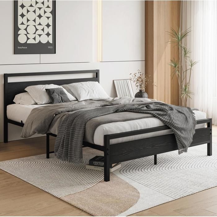 SENVIRO Lit cadre 140 x 200 cm en métal et MDF sommier à lattes inclus rangement sous le lit noir style industriel vintage