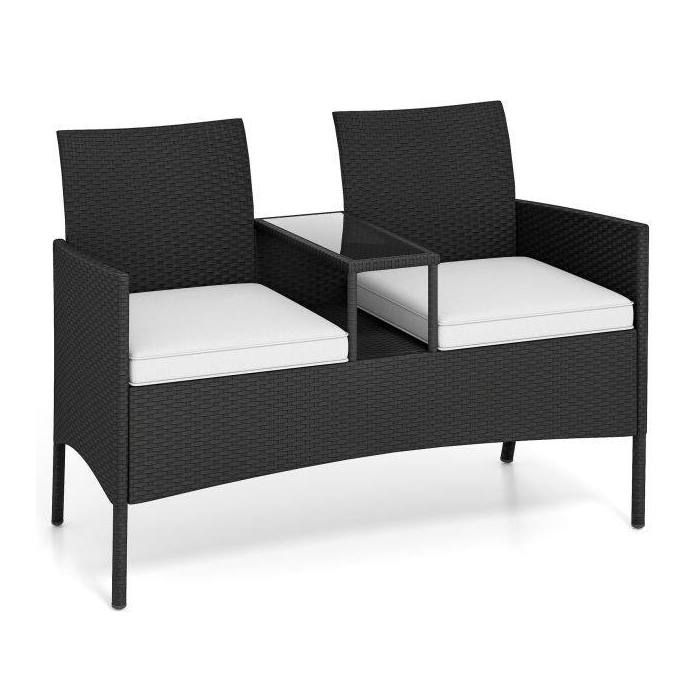 Canapé deux places de jardin avec table intégrée coussins moelleux et plateau en verre trempé - Blanc