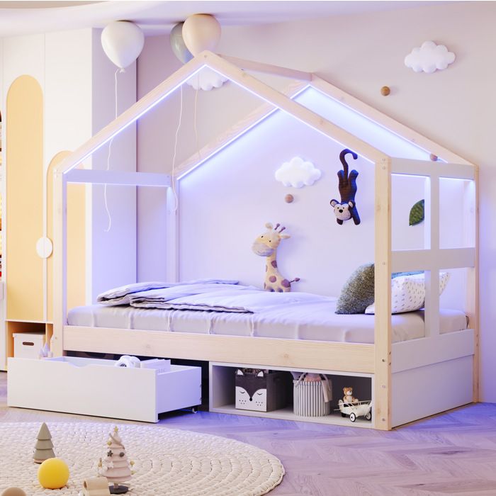 Lit cabane 90x190 cm avec tiroir de rangement meuble à chaussures LED intégrée sommier à lattes bois naturel blanc JOINERY