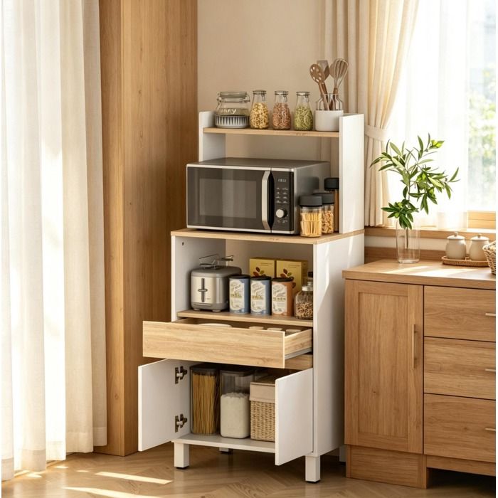 WUVRIE Meuble micro-ondes cuisine blanc effet bois colonne de rangement avec tiroir et porte