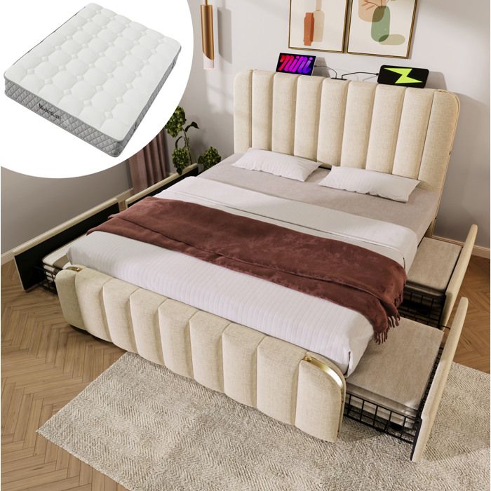 Lit rembourré double 160x200 cm beige lin avec tête de lit USB Type-C 4 tiroirs sommier à lattes matelas inclus FOLYNA