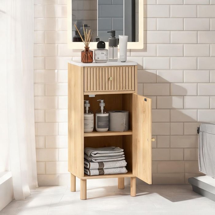 Meuble de rangement salle de bain effet marbre et chêne tiroir et placard 36x30x80 cm - Chêne MDF 36 x 30 x 80 cm Ref S2JC17