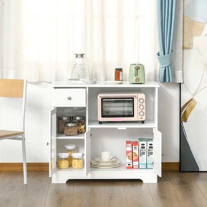 Meuble micro-ondes buffet cuisine armoire de rangement pour cuisine salle à Manger 90 x 40 x 82 cm verre trempé et bois blanc