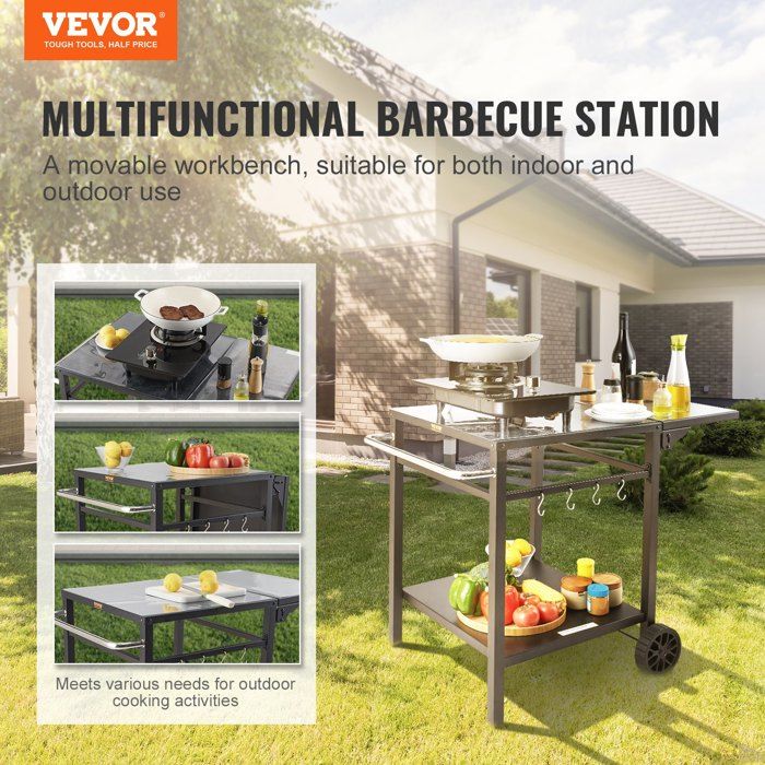Desserte Plancha à 2 Niveaux Chariot de Barbecue avec Plan de Travail Pliable Table de Barbecue sur Roulettes pour Four à Pizza Pré…