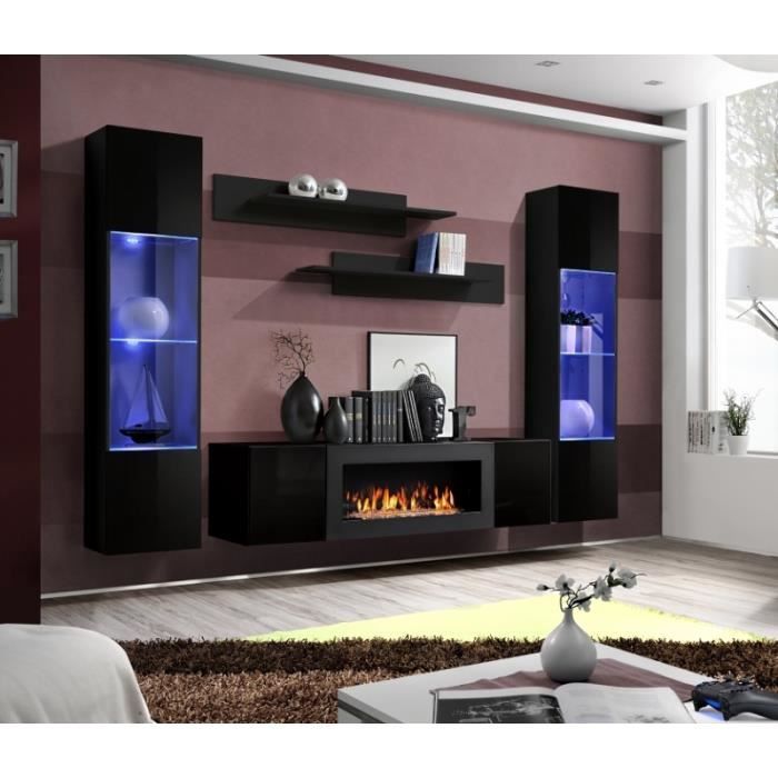 ensemble mural - ac-déco - fly m - meuble tv avec cheminée bioéthanol - 2 vitrines verticales led - noir