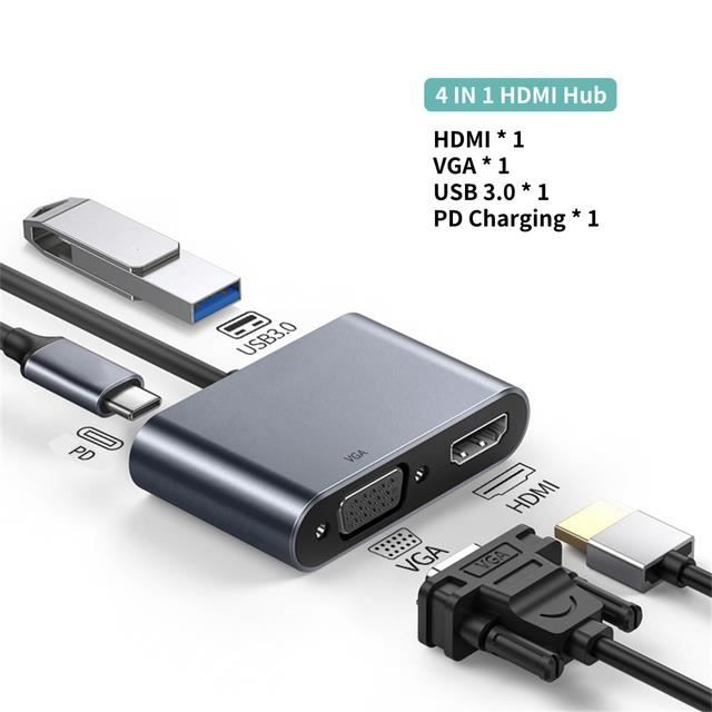 Adaptateur USB-C Vers HDMI + VGA - 4K/1080p, Pour MacBook, PC, Smartphone Compatible