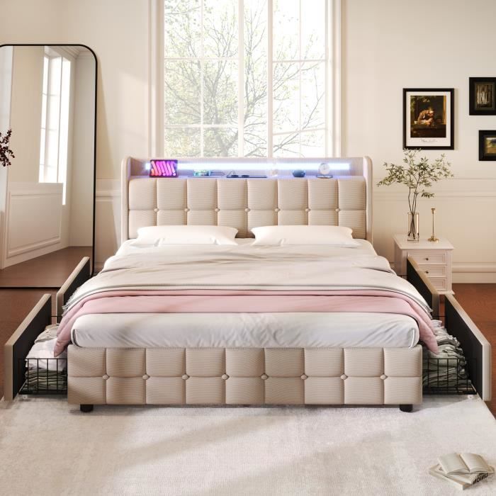 Lit Coffre 160x200 Avec LED Intégrée Et USB - Tête De Lit Capitonnée Avec étagères Et Rangement Caché - Sommier à Lattes Et Levage Hydraulique - Velours Gris