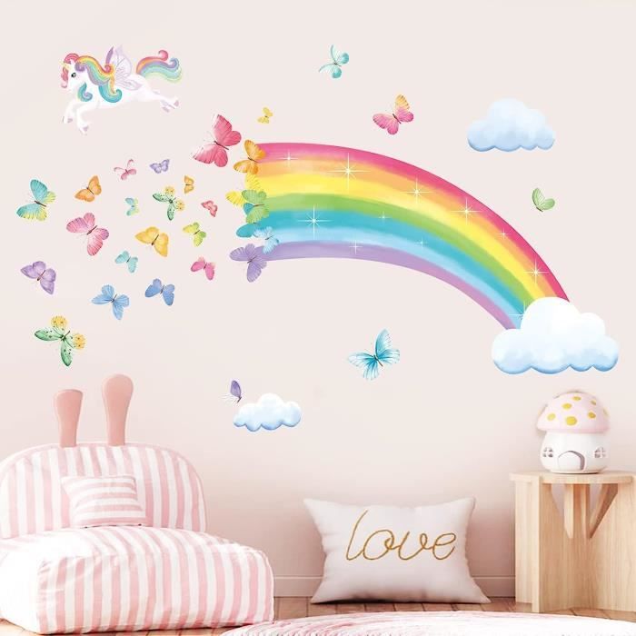 Stickers Muraux Arc En Ciel Licorne Autocollant Mural Papillons Nuage ...