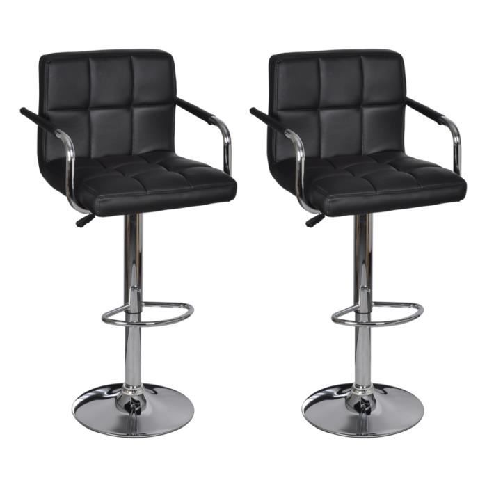 Lot de 2 Tabourets de bar - Luggi - Noir - Hauteur réglable - Base chromée