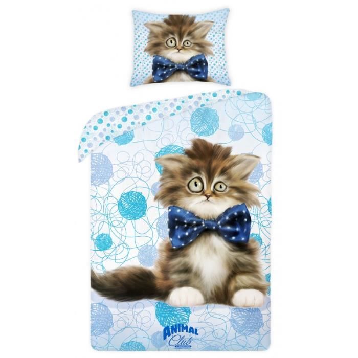 Animal Club Chat Chaton linge de lit housse de couette 140x200 + TAIE 70x90 Idée Déco 100% Coton