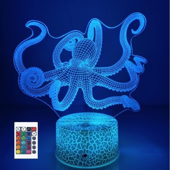 Veilleuse 3D en forme de pieuvre 16 couleurs Illusion de veilleuse en acrylique LED Lampe de chevet pour chambre denfant