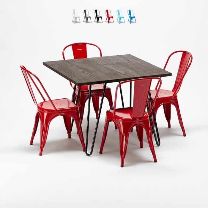 Set De Table Carree En Bois Et Chaises En Metal Au Design Tolix Industriel Bay Ridge Rouge Cdiscount Maison