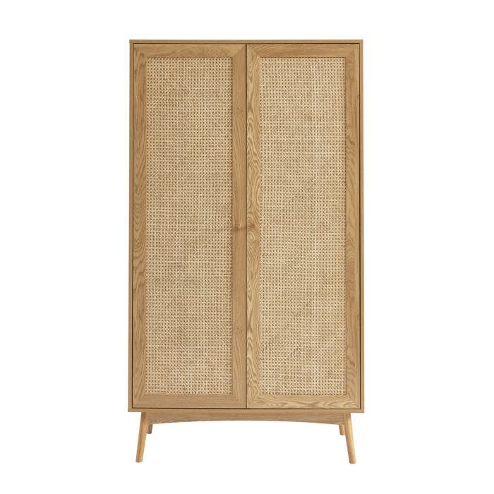 Armoire - BAÏTA - INES - Effet chêne et cannage rotin - L 100 x P 55 x H 180 cm