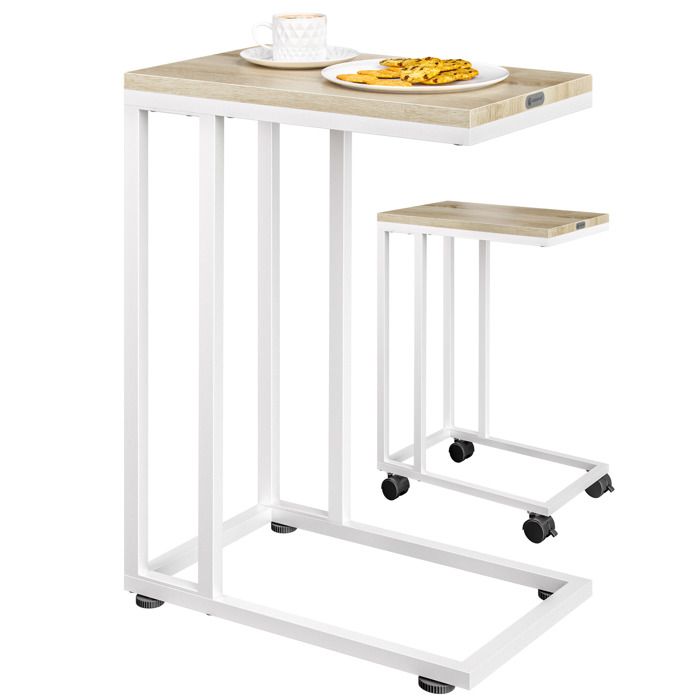 Table dappoint bout de canapé avec roulettes Cadre en métal blanc Desserte de lit Support ordinateur portable