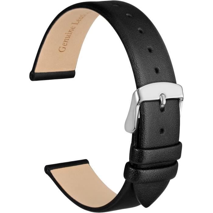 Bracelet De Montre En Cuir Véritable - Largeur 18mm - Noir - Boucle Ardillon - Style Classique Et Slim