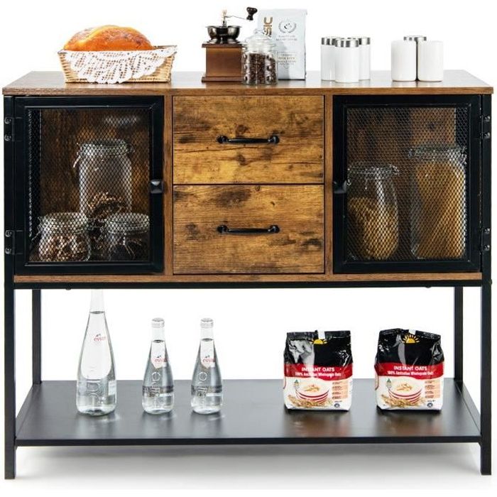 costway buffet de cuisine, avec 2 placards, 2 tiroirs et etagère inférieure, style industriel pour salon, couloir, cuisine