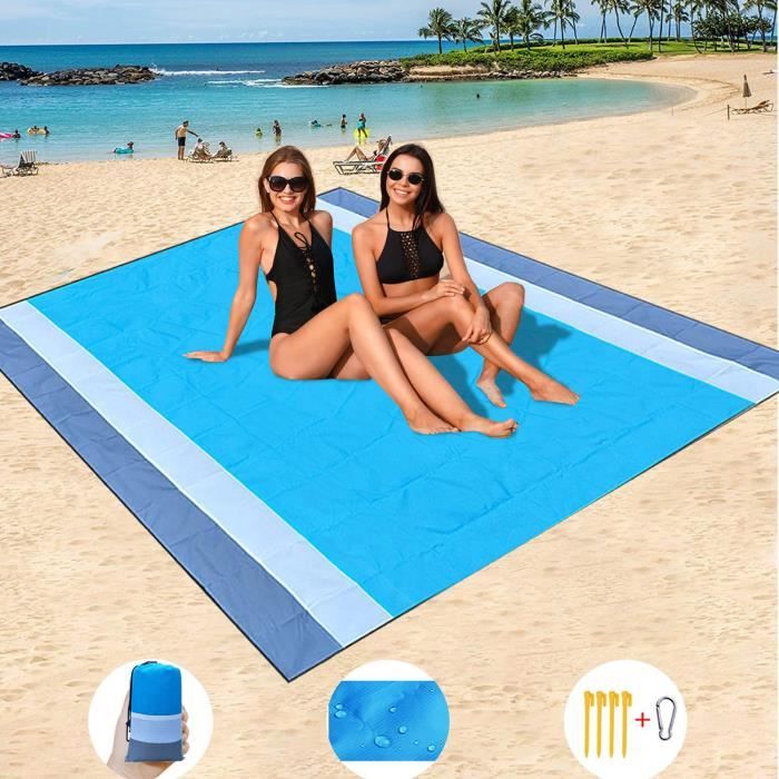 Tapis De Plage Anti-Sable 250x200 Cm - Couverture Pique-Nique Imperméable Ultra Légère Avec Ancres