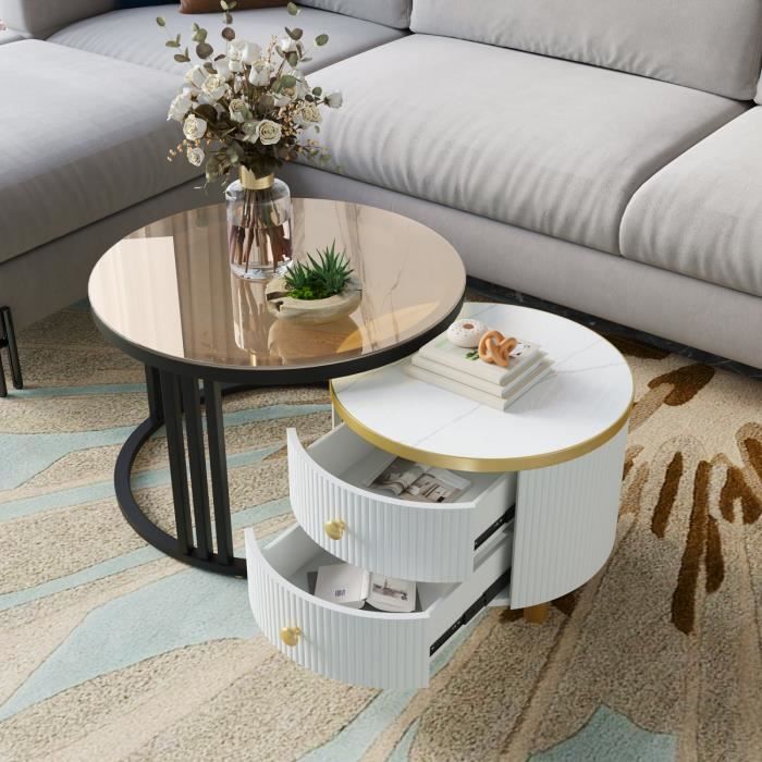 MERAX Lot de 2 tables basses gigognes avec 2 Tiroirs, Table basse ronde