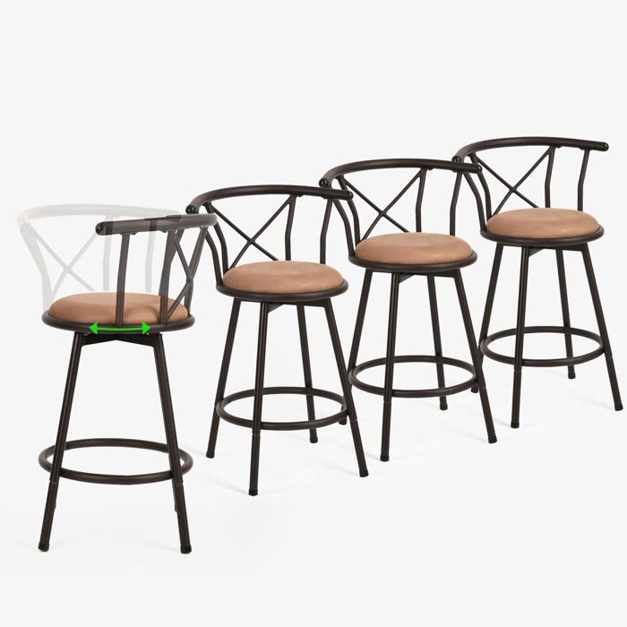 MEUBLES COSY Lot de 4 tabourets de bar industriels pivotants avec dossier en tissu marron - HAILEY 24