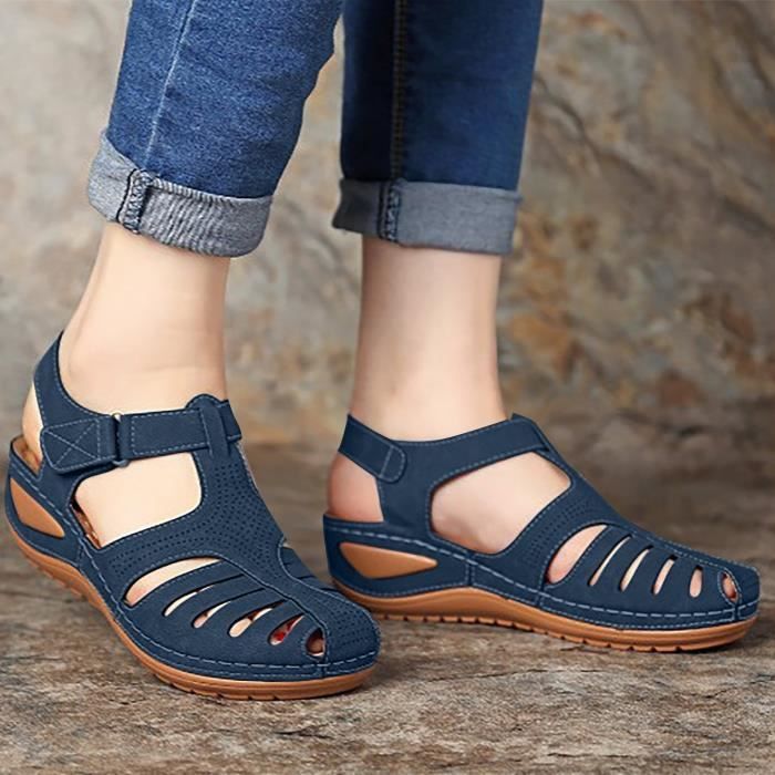 Sandales antidérapantes vintage en cuir souple à bout fermé pour femmes