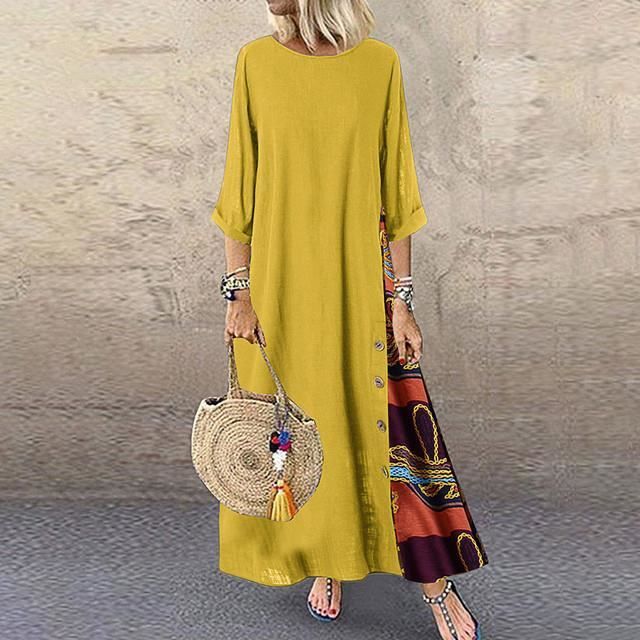 Robe Midi Femme Vintage - Col Rond, Manches 3/4, Uni, Pour Quotidien Ou Occasion Décontractée