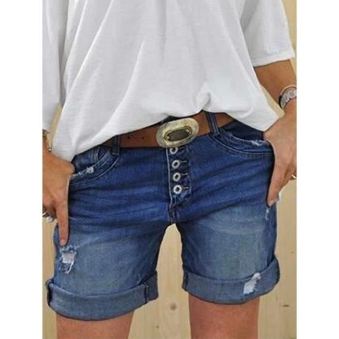 Short En Jean Femme Déchiré Taille Haute - Mini Short Décontracté à Franges - Style Skinny Pour L'Été
