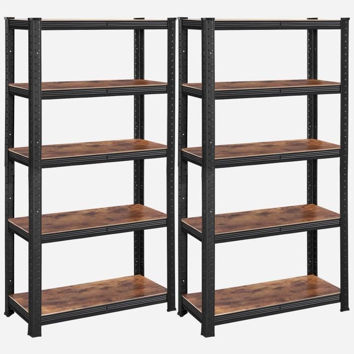 SONGMICS Lot de 2 Étagères à 5 Niveaux 150 x 75 x 30 cm Charge 650 kg Style industriel Planches réglables Noir Marron Rustique