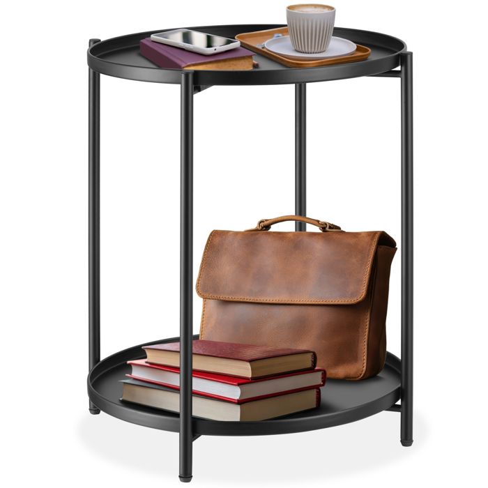 Table basse - TECTAKE - Table dappoint ronde OXFORD avec 2 étages en acier avec pieds en plastique Ø 455 x 53 cm - Noir