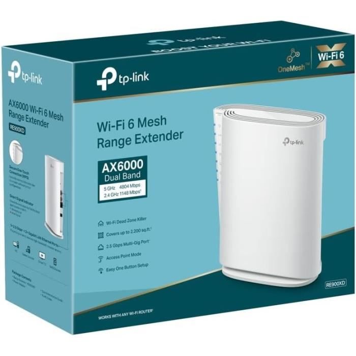 Répéteur WiFi 6 Mesh AX6000 Mbps bi-bande - TP-Link RE900XD -160 MHz port 2.5 Gigabit - MU-MIMO - Compatible avec les box internet