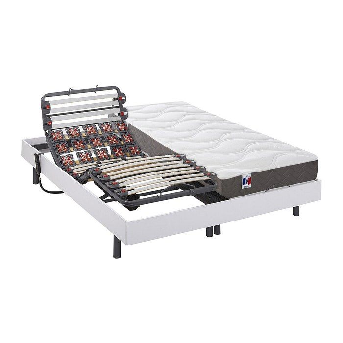 Lit électrique de relaxation lattes et plots + matelas 100% latex 3 zones - 2 x 80 x 200 cm - Blanc - MENELAS de YSMÉE